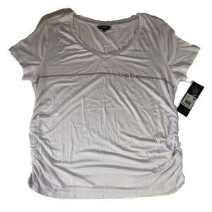 Bebe Sport White With Pink Rhinestones Ruched Tee  Size Medium NWT